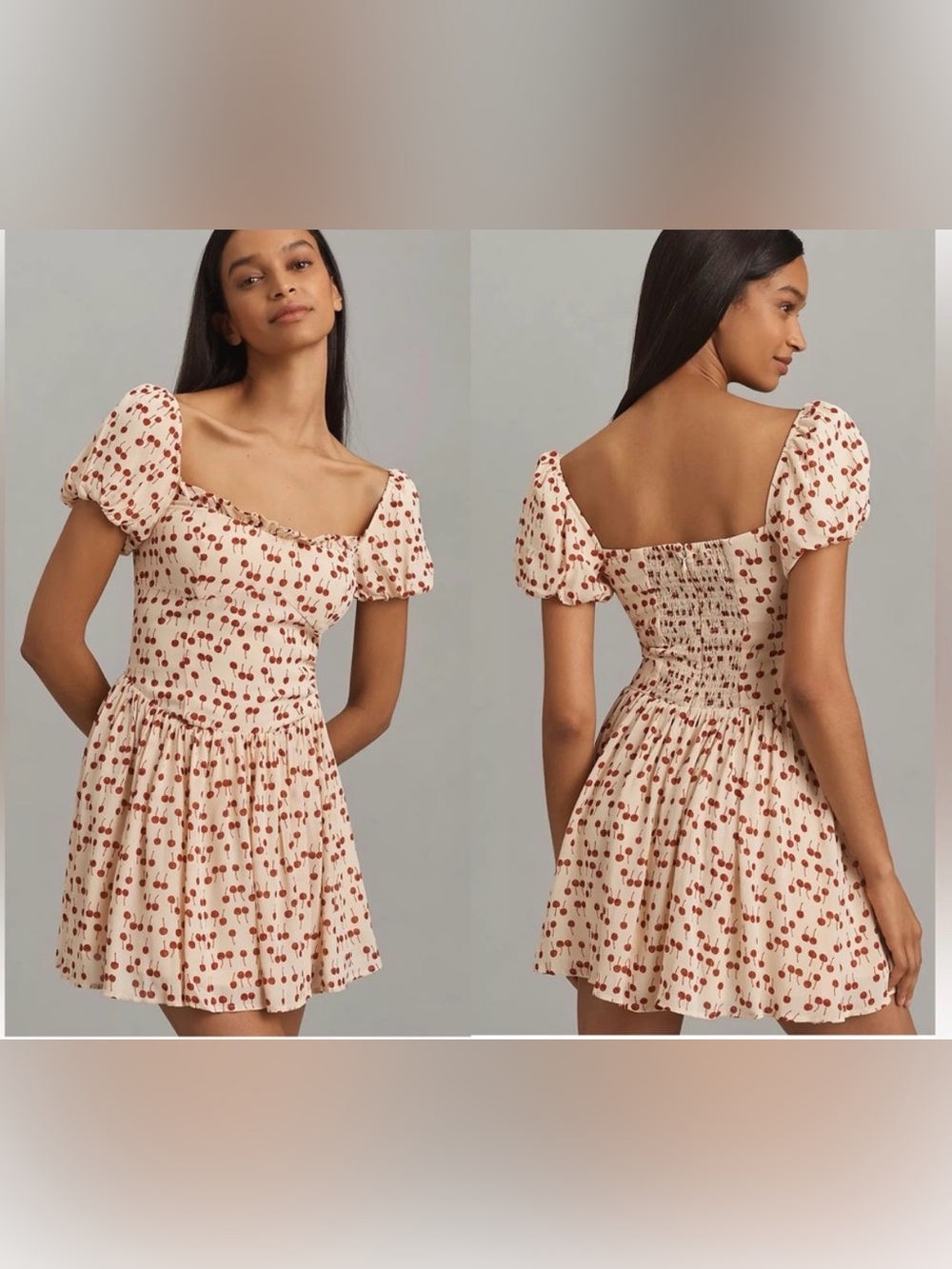 Reformation Davonne Mini Dress Cream Red Cherry Print cherries Smocked  Size 8